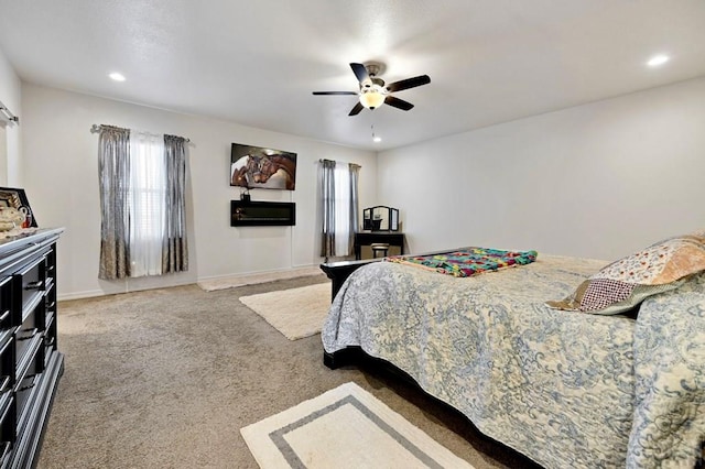 bedroom with ceiling fan, carpet, baseboards, and recessed lighting