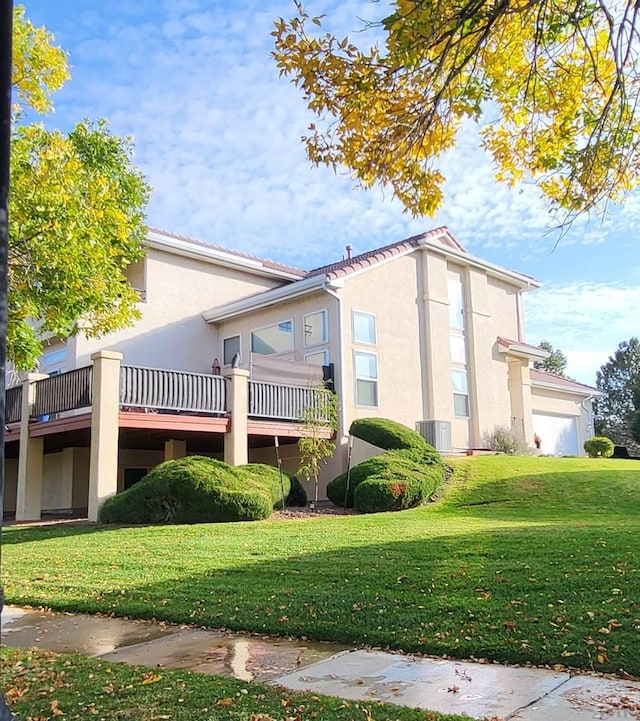 view of side of property with cooling unit, a lawn, and stucco siding