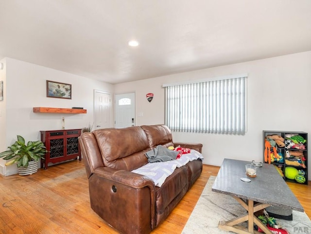 living area featuring light wood-style flooring and recessed lighting