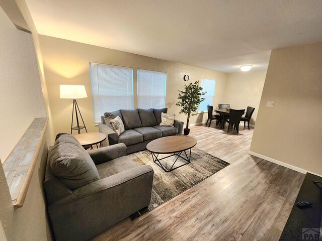 living area with baseboards and wood finished floors