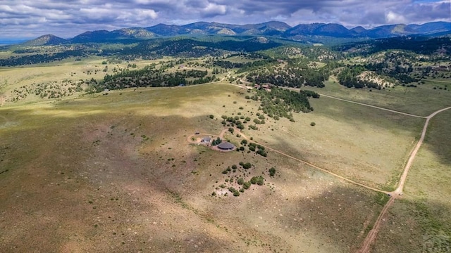 aerial view of sparsely populated area featuring a mountain backdrop