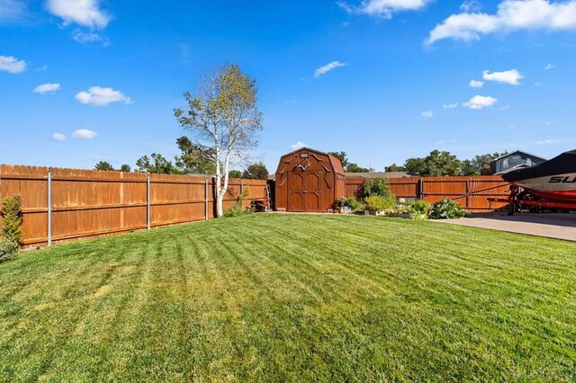 view of yard with a fenced backyard, an outdoor structure, and a shed