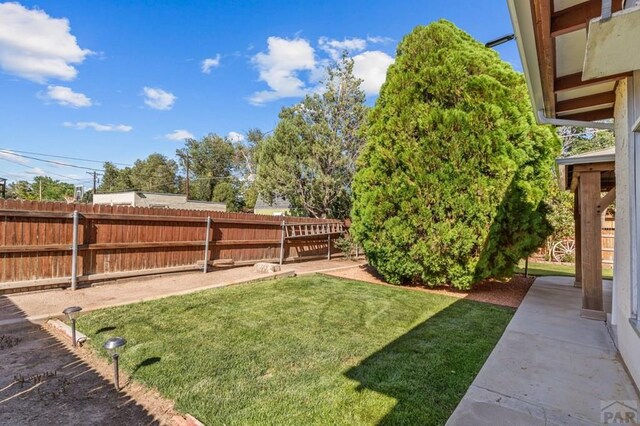 view of yard with fence and a patio