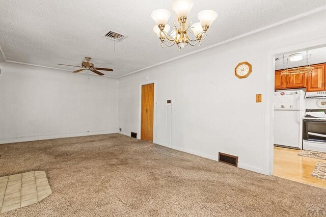 unfurnished living room with visible vents, a textured ceiling, and light colored carpet