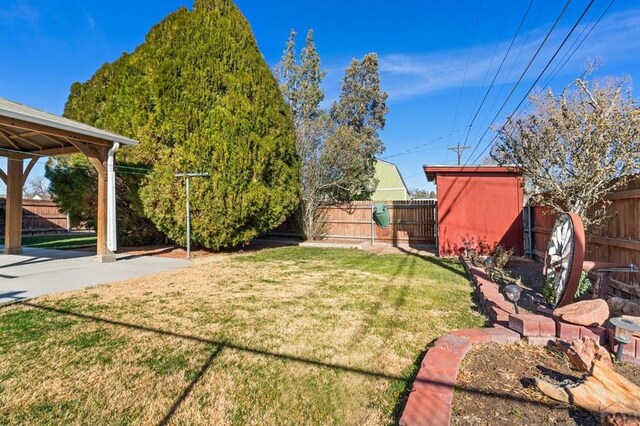 view of yard featuring a fenced backyard, an outdoor structure, and a shed