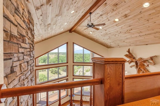 details with wood ceiling, beam ceiling, recessed lighting, and wood finished floors