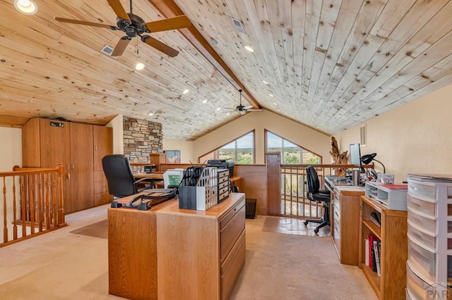 home office with vaulted ceiling, wooden ceiling, and light colored carpet