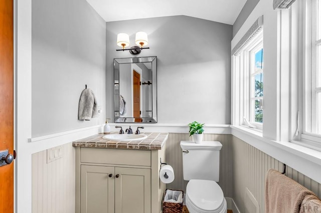 6430 Signal Mountain Rd, Beulah, CO 81023 - bathroom featuring wainscoting, toilet, vanity, and lofted ceiling
