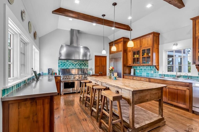 6430 Signal Mountain Rd, Beulah, CO 81023 - kitchen with premium appliances, range hood, brown cabinets, a sink, and dark wood-type flooring