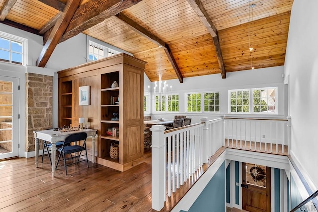 6430 Signal Mountain Rd, Beulah, CO 81023 - hallway featuring an upstairs landing, hardwood / wood-style flooring, wooden ceiling with exposed beams, and high vaulted ceiling