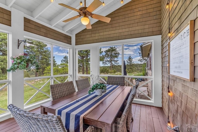6430 Signal Mountain Rd, Beulah, CO 81023 - sunroom featuring a ceiling fan, outdoor dining area, and healthy amount of natural light