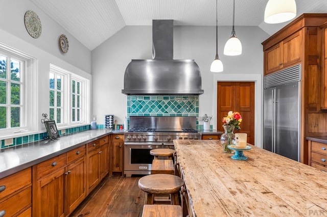 6430 Signal Mountain Rd, Beulah, CO 81023 - kitchen with high quality appliances, lofted ceiling, island range hood, brown cabinets, and dark wood-style flooring