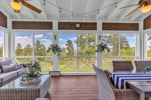 6430 Signal Mountain Rd, Beulah, CO 81023 - sunroom with ceiling fan, an outdoor living space, beamed ceiling, and plenty of natural light