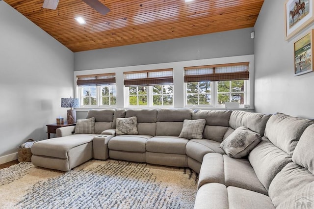 6430 Signal Mountain Rd, Beulah, CO 81023 - living area with wood ceiling, healthy amount of natural light, ceiling fan, vaulted ceiling, and baseboards