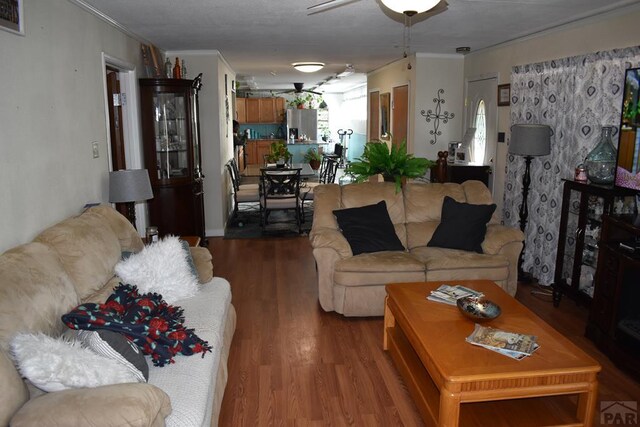 living area featuring ornamental molding and wood finished floors