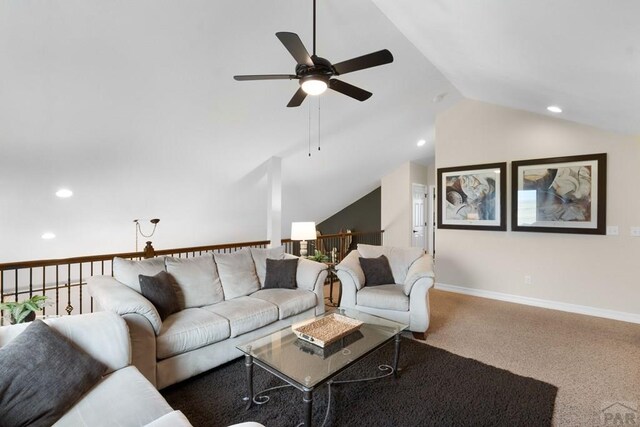 4288 Cedarweed Blvd, Pueblo, CO 81001 - carpeted living area with ceiling fan, vaulted ceiling, and recessed lighting