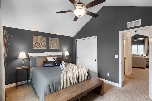 4288 Cedarweed Blvd, Pueblo, CO 81001 - bedroom featuring high vaulted ceiling, a closet, light carpet, and ceiling fan
