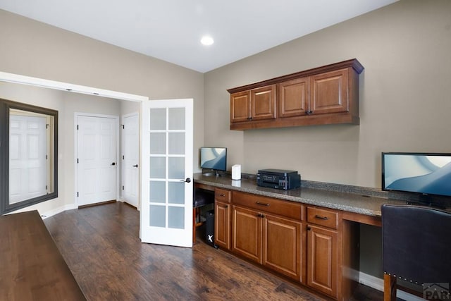 4288 Cedarweed Blvd, Pueblo, CO 81001 - office space featuring dark wood-style flooring, built in study area, french doors, and recessed lighting