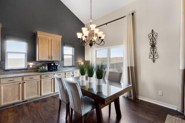 4288 Cedarweed Blvd, Pueblo, CO 81001 - dining area featuring a chandelier, dark wood finished floors, and high vaulted ceiling