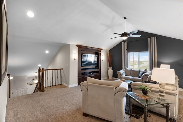 4288 Cedarweed Blvd, Pueblo, CO 81001 - carpeted living room with ceiling fan, vaulted ceiling, and recessed lighting