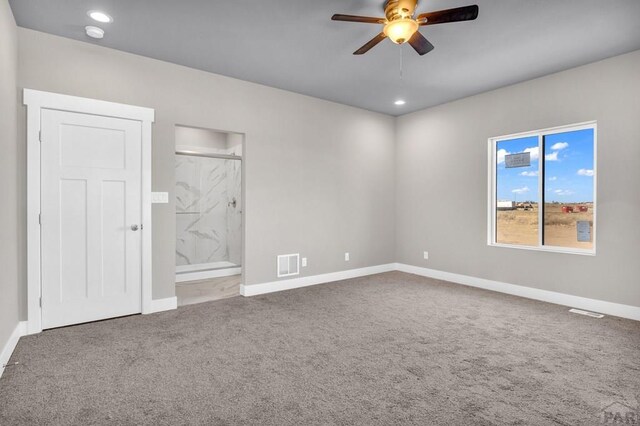 unfurnished bedroom with carpet, visible vents, baseboards, and recessed lighting