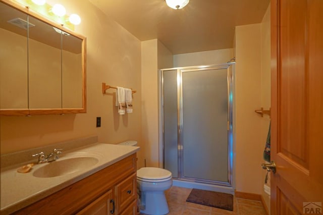 bathroom featuring visible vents, toilet, vanity, a shower stall, and tile patterned floors