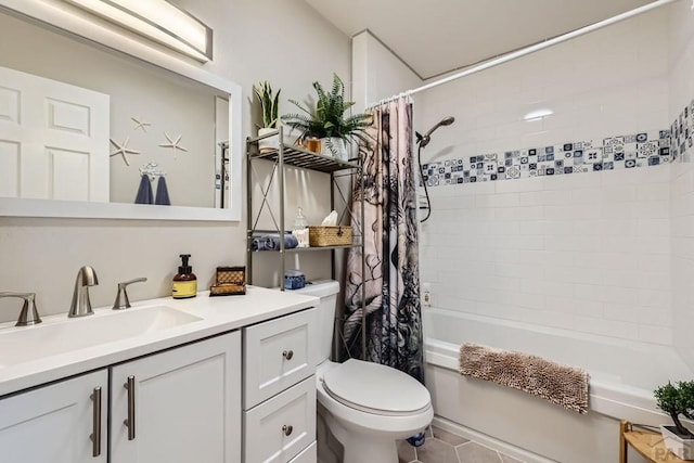 bathroom featuring toilet, shower / bath combination with curtain, and vanity