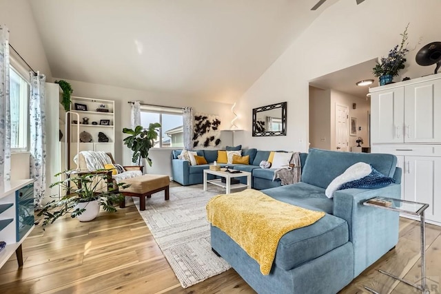 living area featuring high vaulted ceiling and light wood finished floors