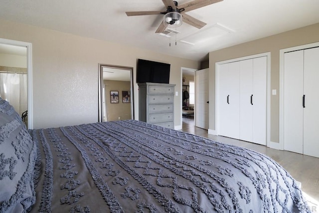 1108 W Meadowmoor Dr, Pueblo West, CO 81007 - bedroom featuring ensuite bathroom, ceiling fan, two closets, and wood finished floors