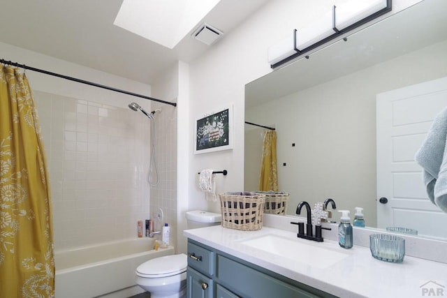 1108 W Meadowmoor Dr, Pueblo West, CO 81007 - full bathroom featuring shower / tub combo, vanity, toilet, visible vents, and a skylight