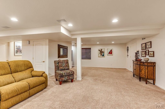 living area featuring recessed lighting, light colored carpet, visible vents, and baseboards