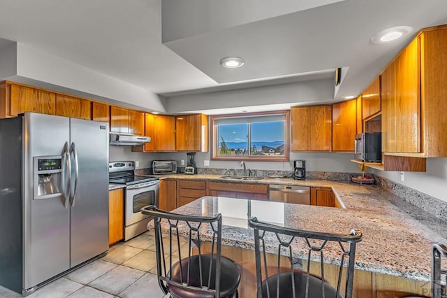 kitchen featuring under cabinet range hood, a peninsula, a breakfast bar, a sink, and appliances with stainless steel finishes