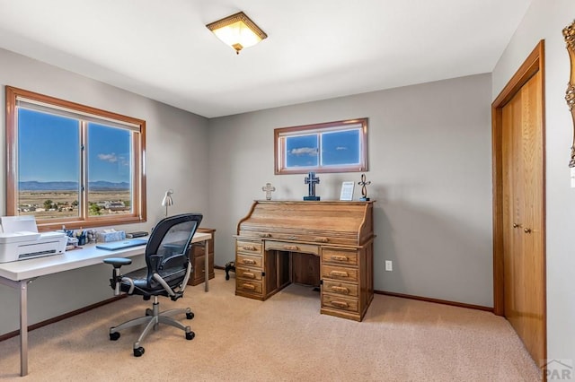 home office with light carpet and baseboards