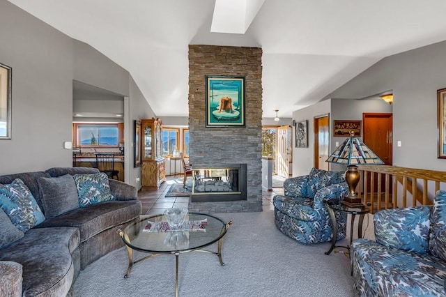 living room with lofted ceiling, carpet, stairs, and a multi sided fireplace