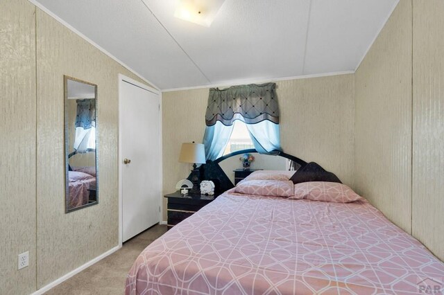 bedroom featuring lofted ceiling and carpet flooring