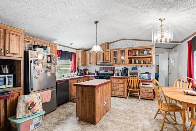 2100 W 100th Ave Unit 394, Thornton, CO 80260 - kitchen with stainless steel appliances, vaulted ceiling, a kitchen island, extractor fan, and brown cabinetry