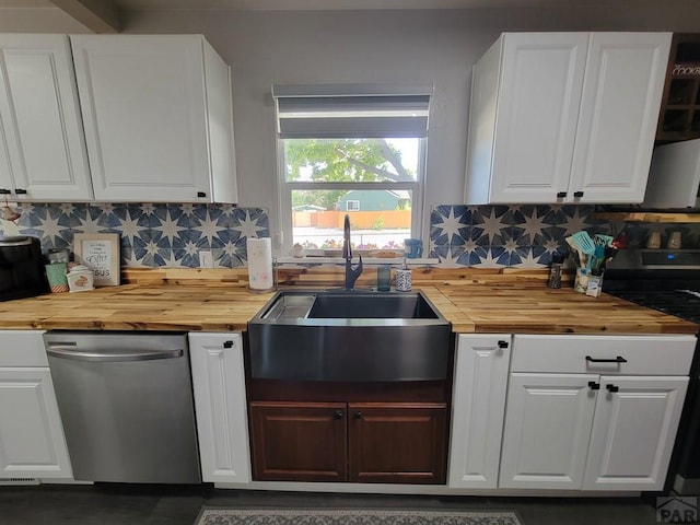 2602 3rd Ave, Pueblo, CO 81003 - kitchen with wood counters, range with electric stovetop, dishwasher, and decorative backsplash