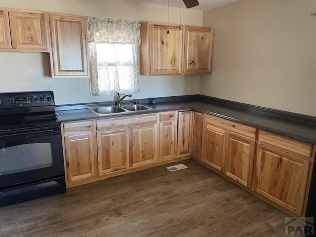 kitchen with dark countertops, black / electric stove, dark wood-type flooring, and a sink