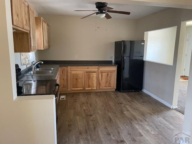 kitchen with dark countertops, dark wood-style floors, stove, freestanding refrigerator, and a sink