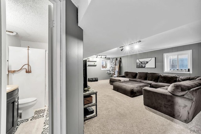 carpeted living room with track lighting and a textured ceiling