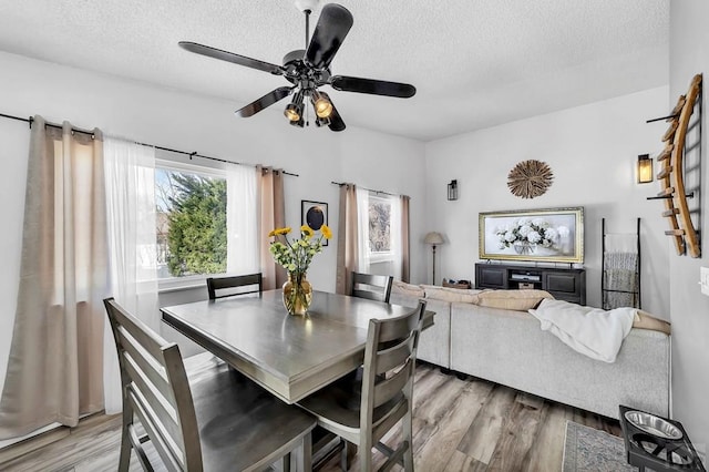 dining room with a textured ceiling, light wood-style flooring, and a ceiling fan