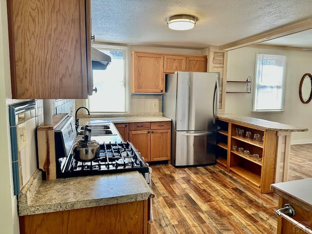 kitchen with a wealth of natural light, light countertops, a sink, and freestanding refrigerator