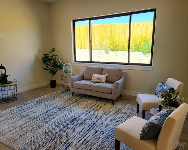 living area featuring baseboards and wood finished floors