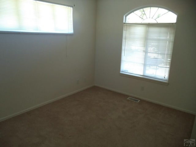 carpeted empty room with a wealth of natural light, visible vents, and baseboards