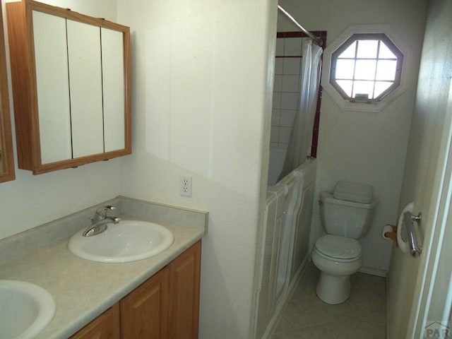 bathroom with toilet, a sink, a shower with curtain, tile patterned floors, and double vanity