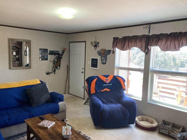 living room featuring ornamental molding, a wealth of natural light, and concrete floors