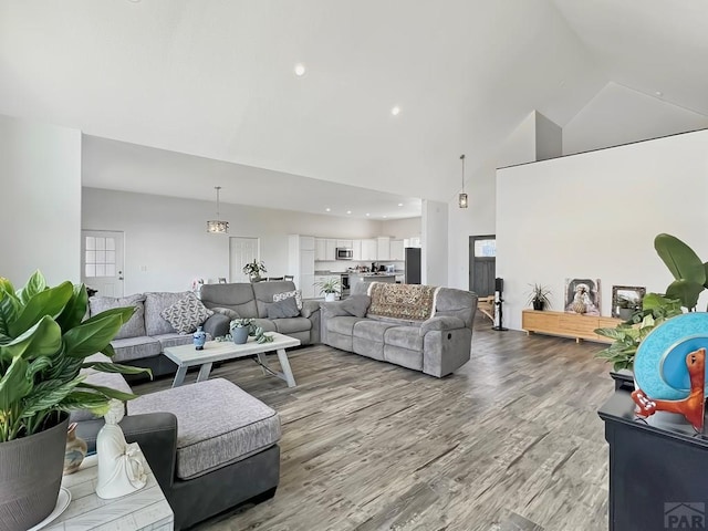 living room with high vaulted ceiling and light wood finished floors