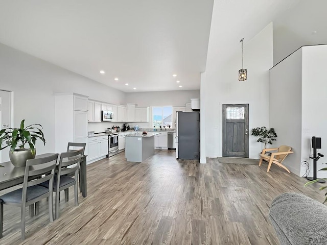 interior space featuring high vaulted ceiling, a center island, wood finished floors, stainless steel appliances, and white cabinetry