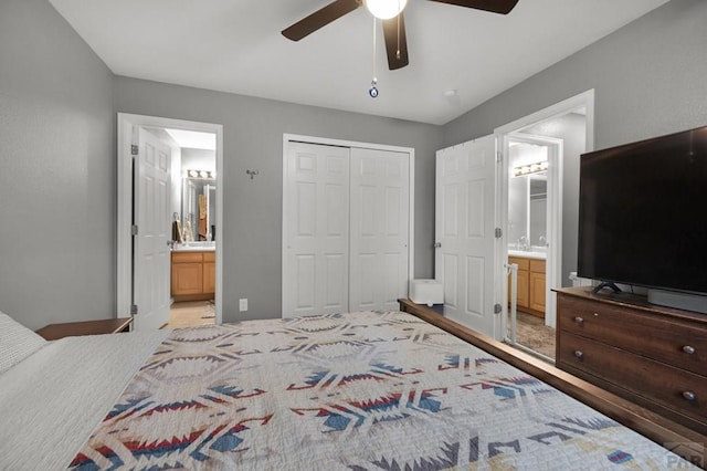 7365 Far Hill Dr, Colorado Springs, CO 80922 - bedroom featuring a closet, ensuite bath, and a ceiling fan