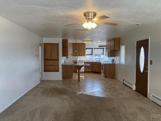 kitchen featuring light carpet, white electric stove, visible vents, and baseboard heating